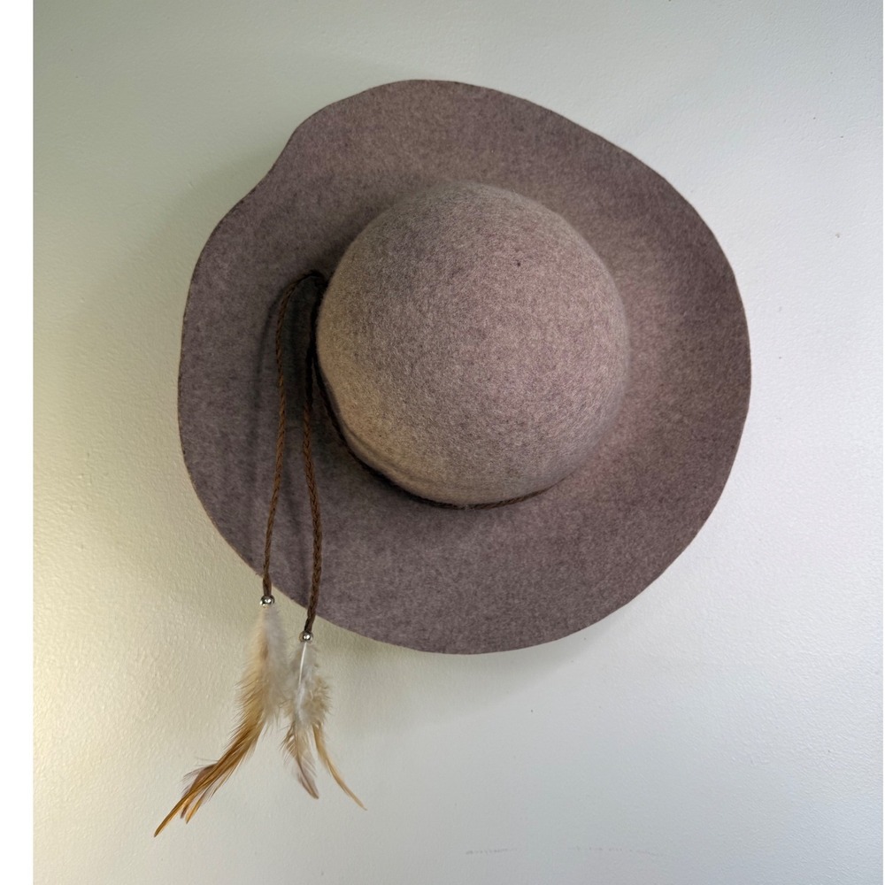 American Eagle Outfitters Wool Felt Floppy Hat Taupe Mushroom Feather One Size - Picture 5 of 12